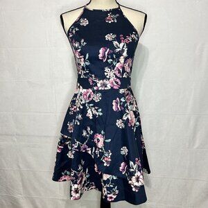 Speechless Navy Juniors Floral Skater Dress Halter Neck Stretch Size 9 NWT NEW